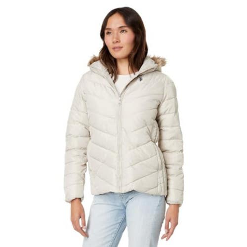 U.S. Polo Assn. Puffer Jacket Women's XL Winter Pearl Faux Fur Quilted FROG782