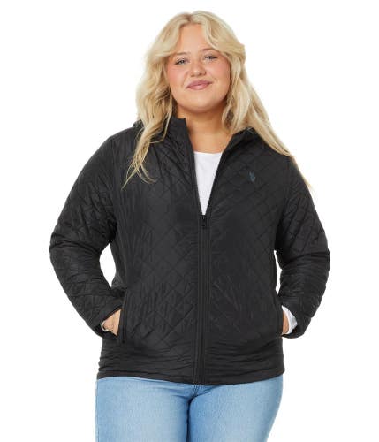 U.S. Polo Assn. Puffer Jacket Women's Plus Black Cozy Faux Fur Quilted FROG727