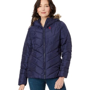 U.S. Polo Assn. Chevron Puffer Jacket Women's XL Blue Faux Fur Hooded FROG695