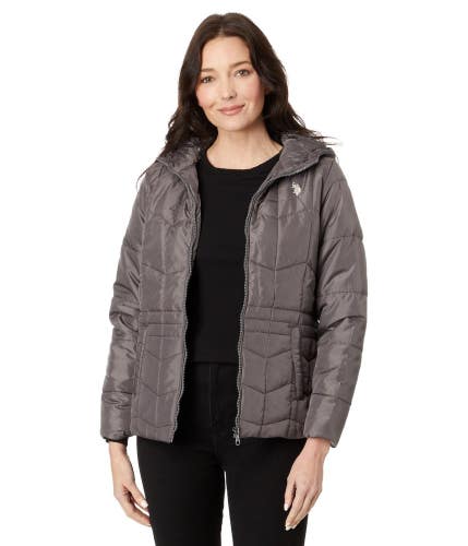U.S. Polo Assn. Zigzag Wave Puffer Jacket Women's L Castle Rock Full Zip FROG715