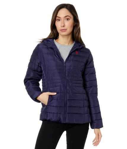 U.S. Polo Assn. Puffer Jacket Womens Medium Blue Faux Fur Lined Full Zip FROG708