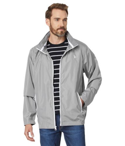 U.S. Polo Assn. Windbreaker Jacket Men's Medium Gray Stow Hood Full Zip FROG771