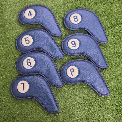 Blue Leather Golf Iron Set Head Covers 4-PW Magnetic Close And Side Double Sided