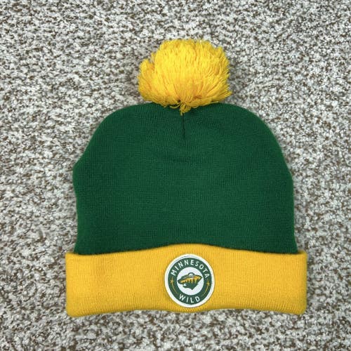 Minnesota Wild Hat Beanie Mens One Size Green Yellow NHL Hockey Pom Cuffed Patch