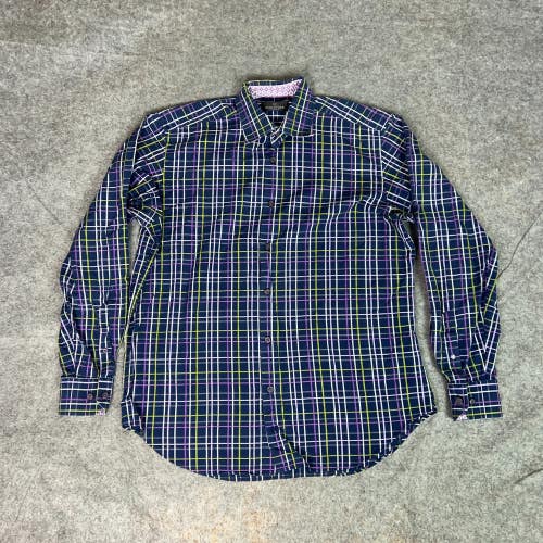 Bugatchi Uomo Mens Shirt Large Navy Purple Formal Business Flip Cuff Corp Top