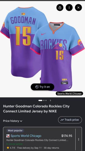 NIKE COLORADO ROCKIES HUNTER GOODMAN New With Tags #15 CITY CONNECT JERSEY