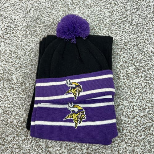 Minnesota Vikings Hat Beanie Scarf Set Mens One Size Purple NFL Football Pom