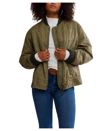 Free People Jax Washed Bomber Jacket Women's XS Olive Pockets Full Zip GBO3596
