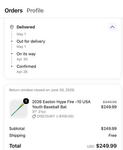 2026 Easton Hype Fire Composite USA Certified Bat (-10) 21 oz 31" (Used)