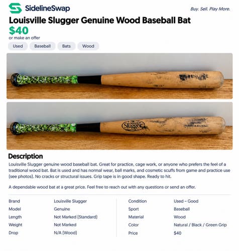 Louisville Slugger Genuine Series Y125 Wood Bat (-5) 22 oz 29" (Used)