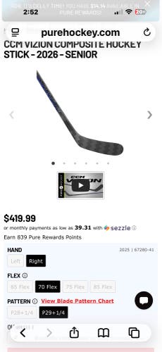 Senior CCM Vizion Right Handed Hockey Stick P29 70 Flex (Used)