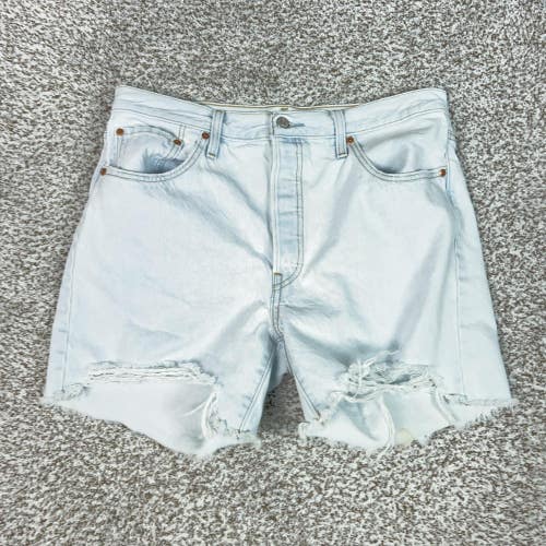 Levis 501 Shorts Womens 33 Blue Denim High Rise Distressed Button Fly Cutoff