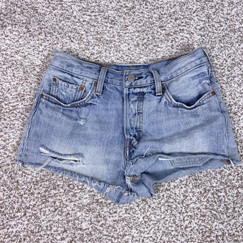 Levis 501 Denim Shorts Womens 28 Blue Button Fly Distressed Raw Hem Festival