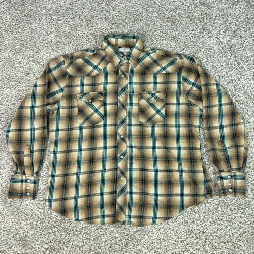 Wrangler Shirt Mens XL Tan Blue Flannel Western Plaid Pearl Snap Wrancher Cowboy