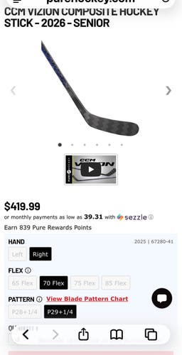 Senior CCM Vizion Right Handed Hockey Stick P29 70 Flex (Used)