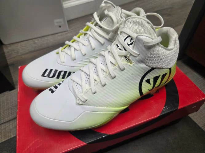Warrior Burn 9.0 Mid Lacrosse Cleats - White/Yellow -  Size 8