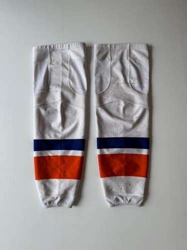 Used Senior XL Reebok Pro Stock Hockey Socks - White/Orange/Blue