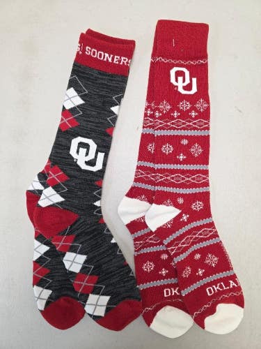 ST6 Mens NCAA OKLAHOMA SOONERS Crew Socks Lot of 2 Pair LARGE New