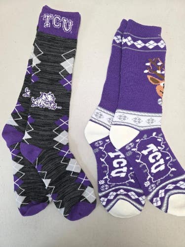 ST3 Mens NCAA TCU HORNED FROGS Crew Socks Lot of 2 Pair LARGE New