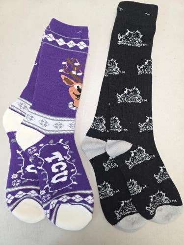 ST6 Mens NCAA TCU HORNED FROGS Crew Socks Lot of 2 Pair LARGE New