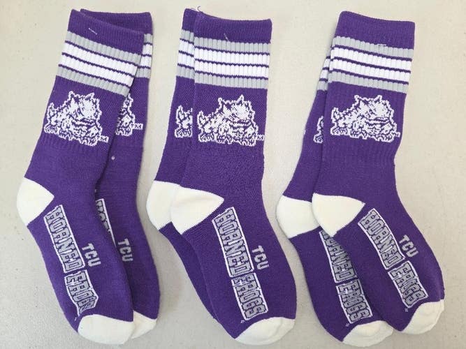 ST8 YOUTH 1-5 NCAA TCU HORNED FROGS Crew Socks Lot of 3 Pair New