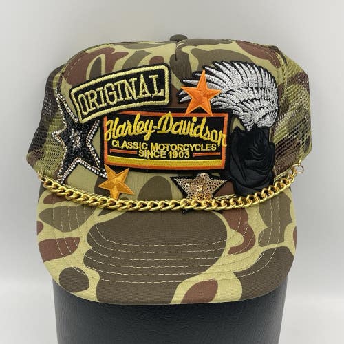 Harley Davidson Duck Camouflage Mesh Snapback Trucker Patch Hat Outdoors Y2K Cap
