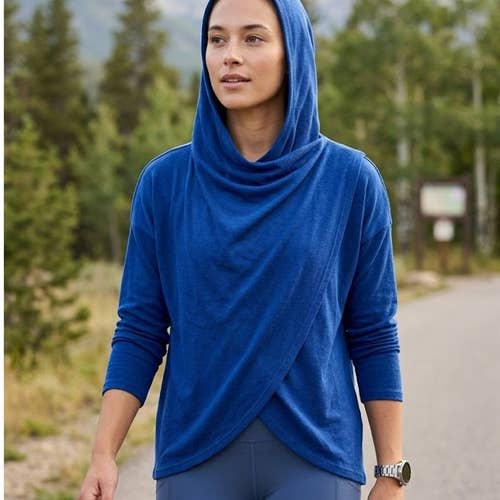 Athleta Purana Wrap Sweatshirt Womens Small Blue Hooded Yoga Cardigan Modal