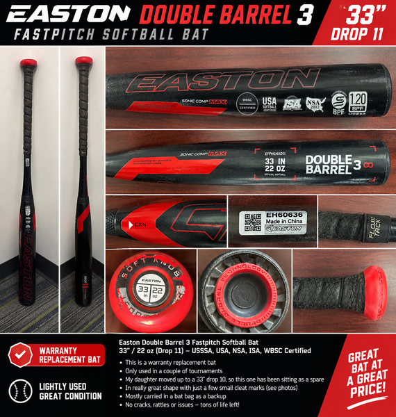 Easton Double Barrel 3 Ghost 33”/22oz Drop 11 Fastpitch Bat – Excellent Condition