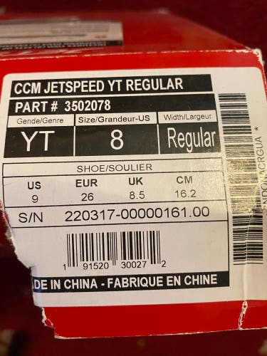 CCM Size 8 Youth JetSpeed Hockey Skates Regular Width 8 (New)