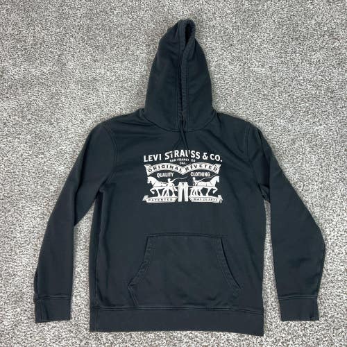 Levis Hoodie Mens Medium Black Graphic Pullover Sweatshirt Logo Two Horse