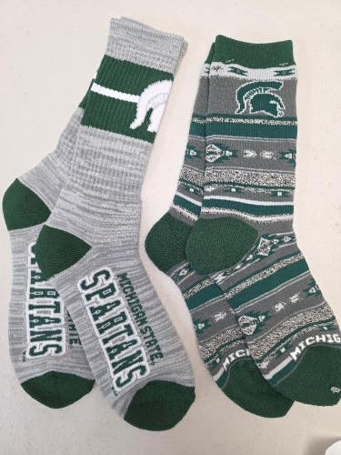 ST5 Mens NCAA MICHIGAN STATE SPARTANS MSU Crew Socks Lot of 2 Pair LARGE New