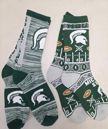 ST7 Mens NCAA MICHIGAN STATE SPARTANS MSU Crew Socks Lot of 2 Pair LARGE New