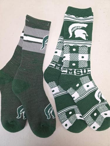 ST9 Mens NCAA MICHIGAN STATE SPARTANS MSU Crew Socks Lot of 2 Pair LARGE New