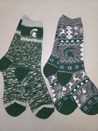 ST10 Mens NCAA MICHIGAN STATE SPARTANS MSU Crew Socks Lot of 2 Pair LARGE New