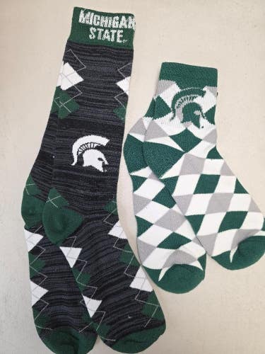 ST13 Mens NCAA MICHIGAN STATE SPARTANS MSU Crew Socks Lot of 2 Pair LARGE New