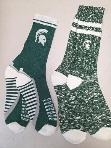 ST22 Mens NCAA MICHIGAN STATE SPARTANS MSU Crew Socks Lot of 2 Pair LARGE New