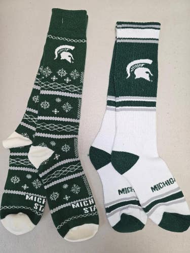 ST23 Mens NCAA MICHIGAN STATE SPARTANS MSU Crew Socks Lot of 2 Pair LARGE New