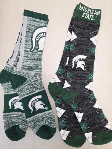 ST25 Mens NCAA MICHIGAN STATE SPARTANS MSU Crew Socks Lot of 2 Pair LARGE New