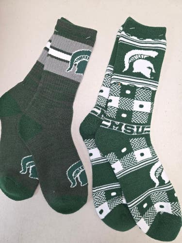 ST28 Mens NCAA MICHIGAN STATE SPARTANS MSU Crew Socks Lot of 2 Pair LARGE New