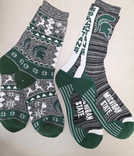 ST29 Mens NCAA MICHIGAN STATE SPARTANS MSU Crew Socks Lot of 2 Pair LARGE New