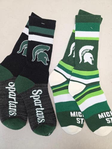 ST32 Mens NCAA MICHIGAN STATE SPARTANS MSU Crew Socks Lot of 2 Pair LARGE New