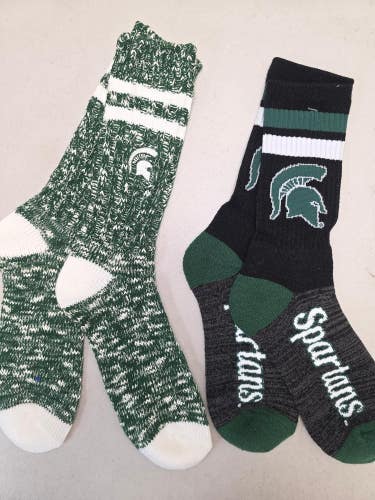 ST34 Mens NCAA MICHIGAN STATE SPARTANS MSU Crew Socks Lot of 2 Pair LARGE New