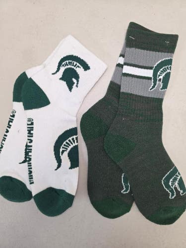 ST37 Mens NCAA MICHIGAN STATE SPARTANS MSU Crew Socks Lot of 2 Pair LARGE New