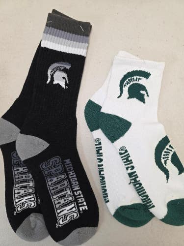 ST41 Mens NCAA MICHIGAN STATE SPARTANS MSU Crew Socks Lot of 2 Pair LARGE New