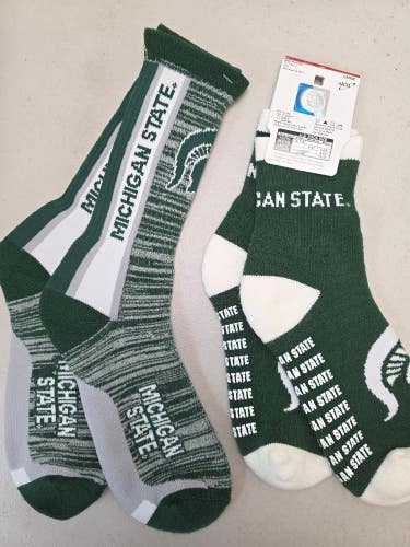 ST43 Mens NCAA MICHIGAN STATE SPARTANS MSU Crew Socks Lot of 2 Pair LARGE New