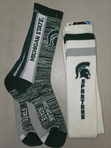 ST46 Mens NCAA MICHIGAN STATE SPARTANS MSU Crew Socks Lot of 2 Pair LARGE New