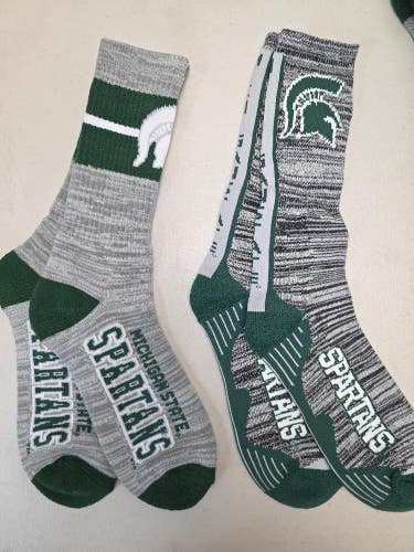 ST4 Mens NCAA MICHIGAN STATE SPARTANS MSU Crew Socks Lot of 2 Pair LARGE New