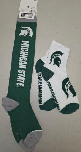 ST50 Mens NCAA MICHIGAN STATE SPARTANS MSU Crew Socks Lot of 2 Pair MEDIUM New
