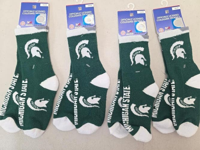 ST57 YOUTH 1-3 NCAA MICHIGAN STATE SPARTANS MSU Crew Socks Lot of 4 Pair New