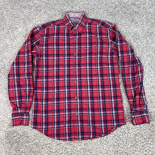 Bugatchi Shirt Mens Medium Red Plaid Shaped Fit Cotton Button Flip Cuff Dress